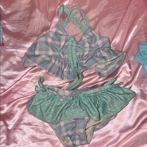 Girls' Mint & Lavender Plaid Ruffle Bikini Set